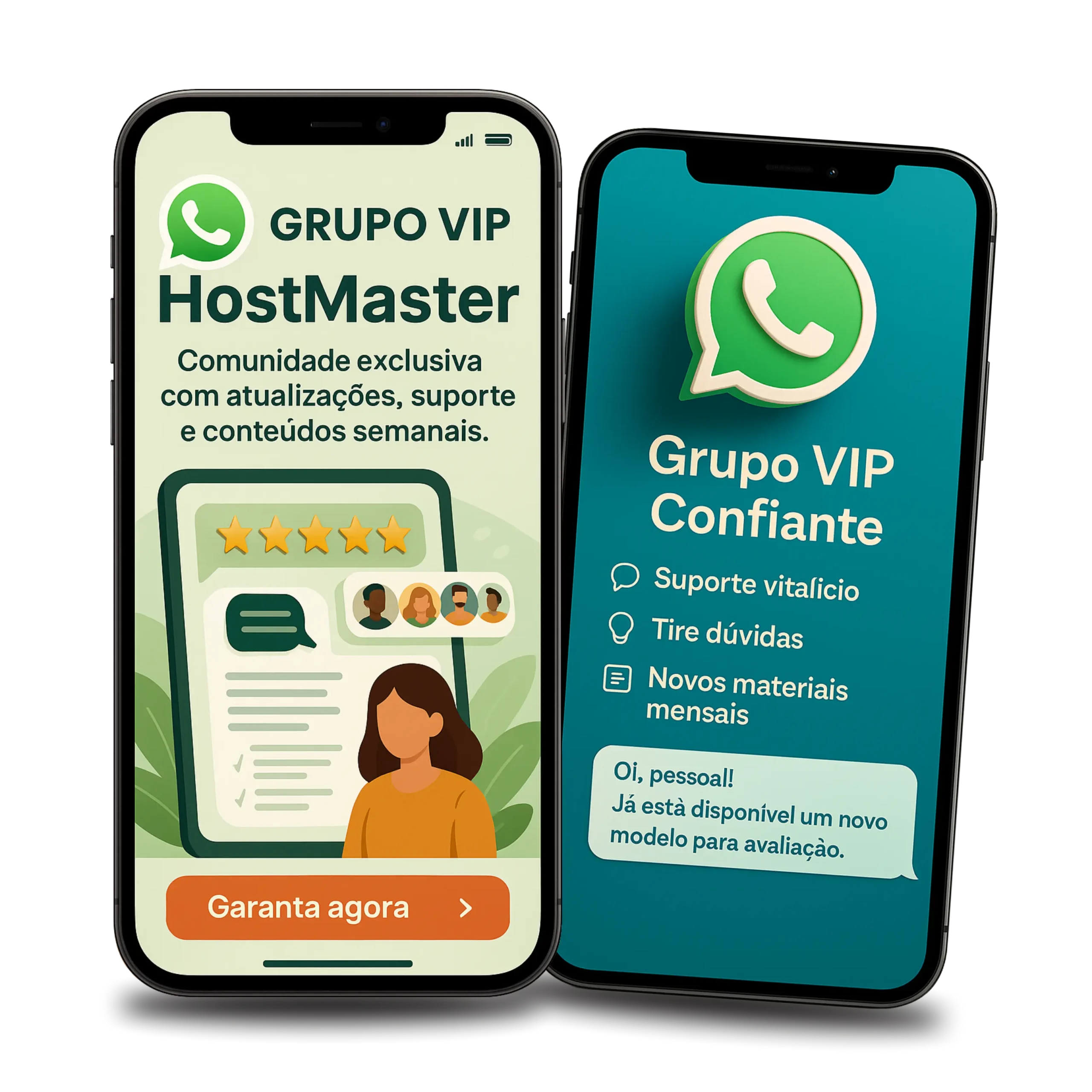 Mockup do Grupo VIP HostMaster no WhatsApp