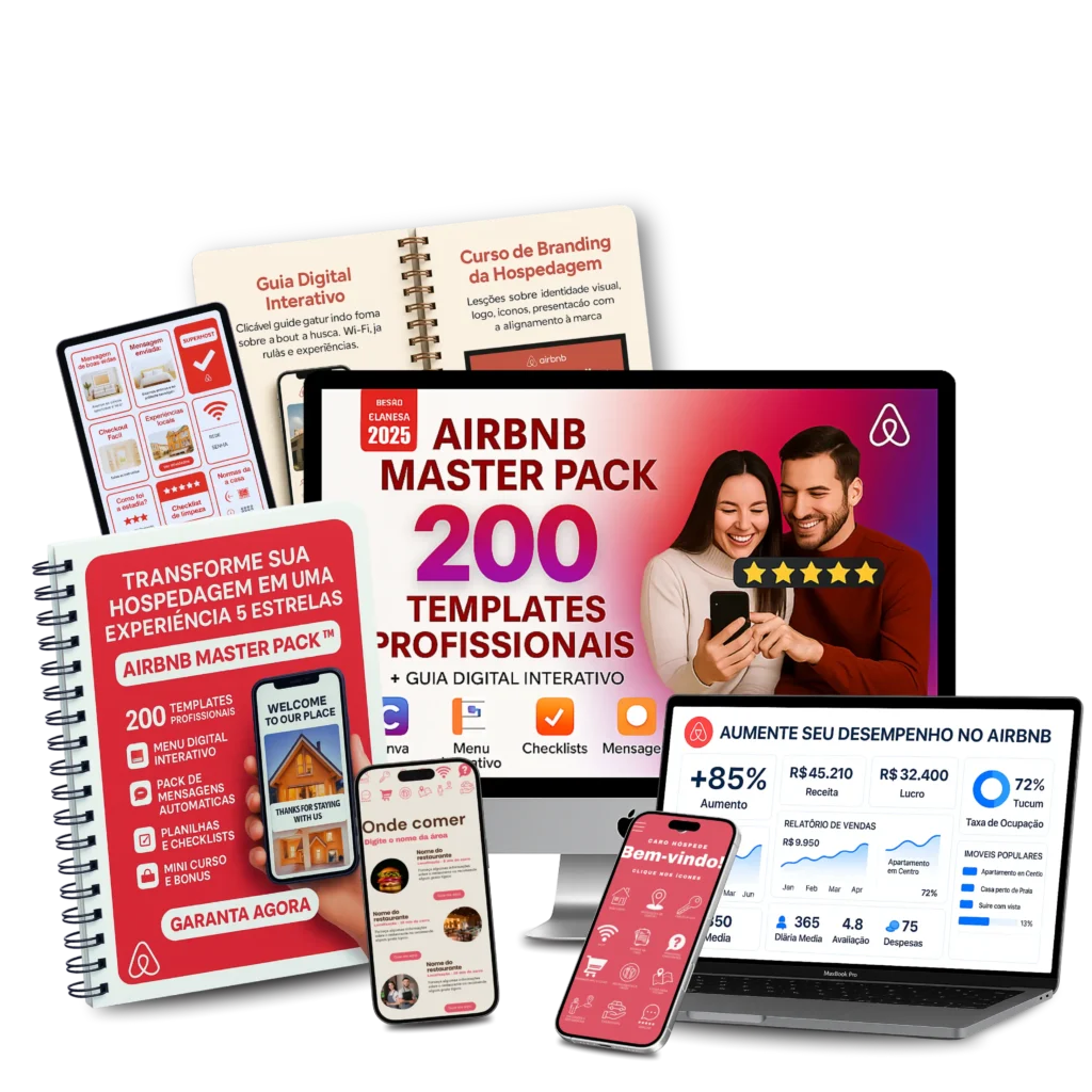 Mockup do Airbnb Master Pack: templates, guia digital e planilhas