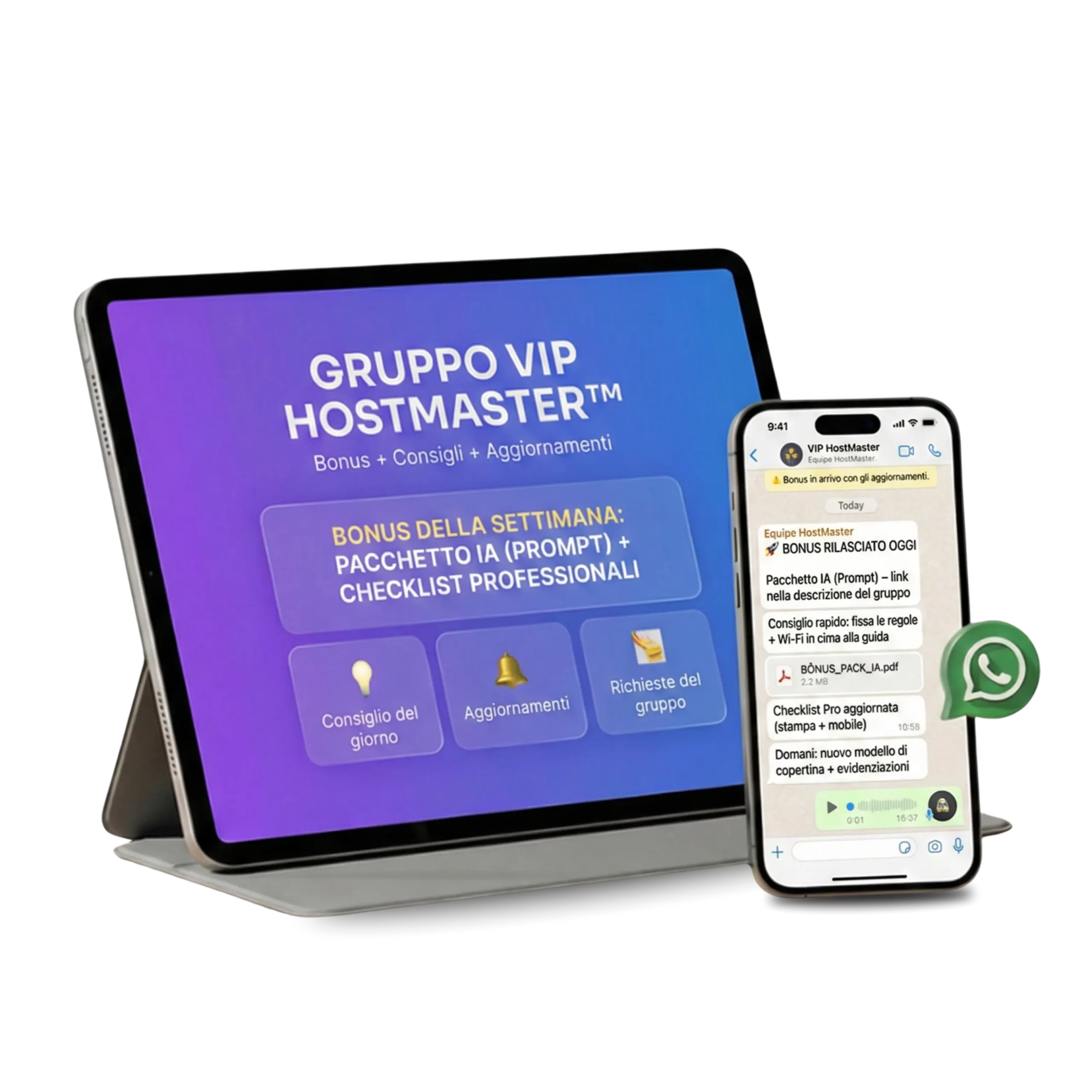 Mockup del Gruppo VIP HostMaster su WhatsApp